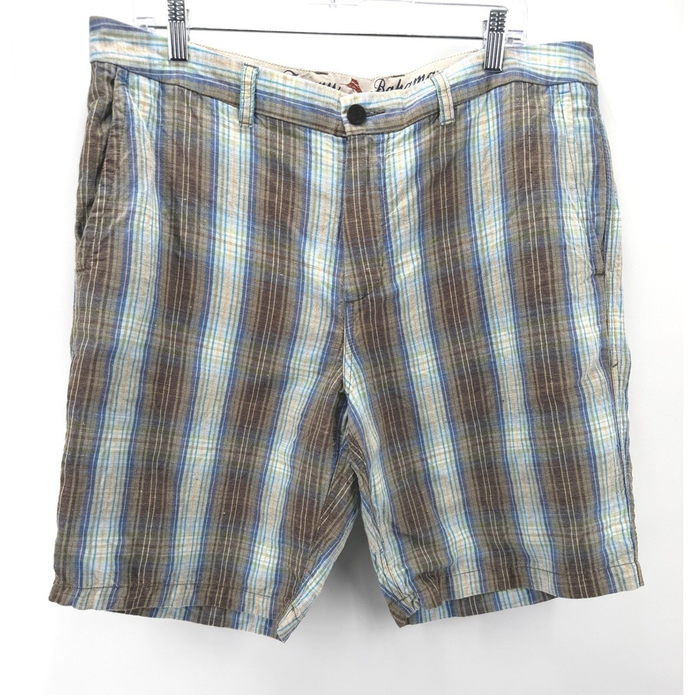 Tommy Bahama Shorts Men 36 Blue Plaid Linen Blend Flat Front Beach Resort Club